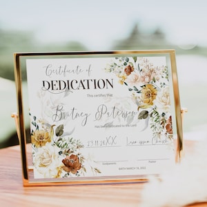 Fall baby dedication certificate template, child dedication certificate, printable baptism certificate, editable church certificate, P59