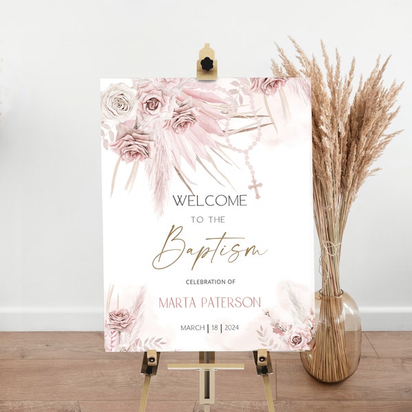 Pink boho baptism welcome sign, pampas gras welcome sign template, printable watercolor religious welcome sign, girl christening sign P64