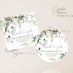 Greenery baptism favor tags template, eucalyptus christening tag, printable thank you stickers, green gold, editable religious favor tag P52