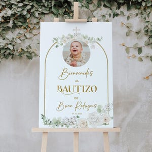 Bienvenidos a bautizo, bautizo welcome sign with photo template, printable angel baptism sign in spanish, editable welcome poster, P200