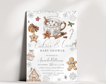 May include: A white invitation card featuring watercolour illustrations of a mug of cocoa with marshmallows, gingerbread cookies, a gingerbread house, cinnamon sticks, and snowflakes. The text reads: Join us for a Cookies & Cocoa Baby Shower in honour of Amanda Patterson, December 26 at 7:00 PM, 12 Bellevue Terrace, Sydney NSW 2000, Please RSVP to 555.088.2569, Registered at Amazon and Target.