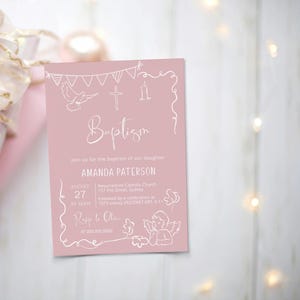 Angel baptism invitation template, pink girl baptism invite, editable christening invitation, printable hand drawn whimsical invite, P299