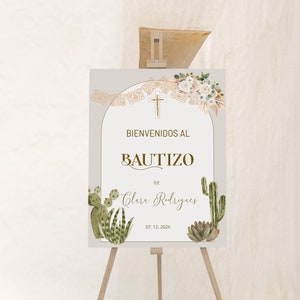 Bienvenidos al bautizo sign template, bautizo welcome sign in spanish, cactus and flowers welcome sign, editable religious poster, P243