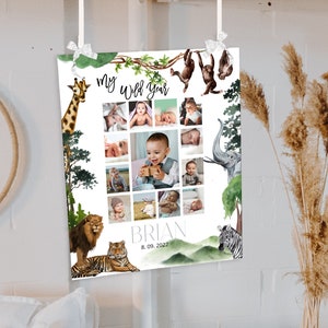Editable 12 month photo poster, jungle my first year sign, boy baby 1st birthday photo collage, first year photo collage safari tropical P99