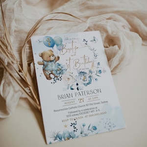 Blue gold baptism and 1st birthday invitation template, christening invitation boy, light blue watercolor invite bear boy baptism invite P29