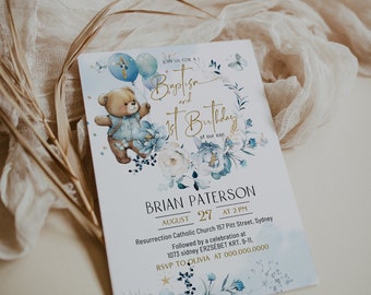 Blue gold baptism and 1st birthday invitation template, christening invitation boy, light blue watercolor invite bear boy baptism invite P29