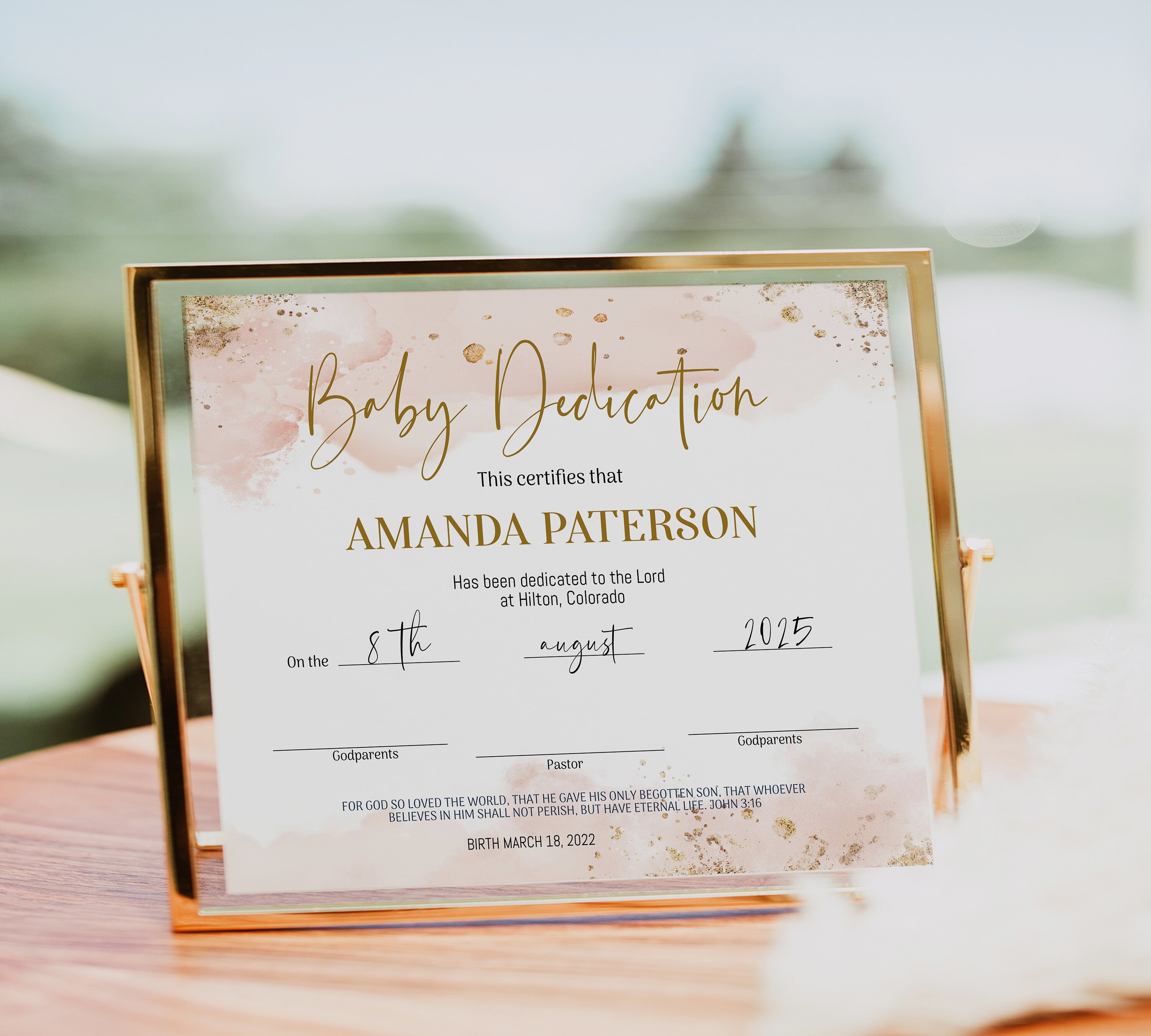 Girl Baby Dedication Certificate Template Pink Gold Baby Etsy