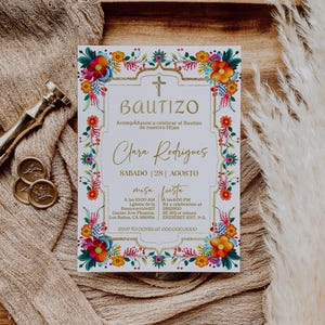 Invitaciones de bautizo, baptism invitation in spanish, mexican fiesta, colorful flowers baptism invite, editable christening invite, P257