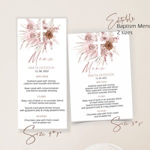 Pink boho baptism menu template, editable pampas grass menu card, christening menu card, printable menu card, pink boho menu card, P64