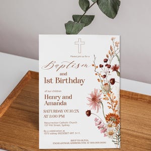 Twins baptism 1st birthday invitation template, fall wildflower birthday invite, boy girl baptism invite, editable christening invite, P342