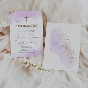 Puede incluir: Una invitación de confirmación en acuarela púrpura y dorada. La invitación incluye el nombre Amanda Paterson, la fecha 27 de agosto, la hora 2 PM, la ubicación Resurrection Catholic Church, 157 Pitt Street, Sydney, y la información de RSVP a Olivia al 000.000.0000.