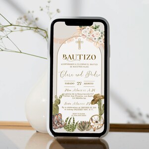 Floral baptism evite in spanish, electronic  cowboy baptism invite, invitacion de bautizo template, editable digital christening invite P243