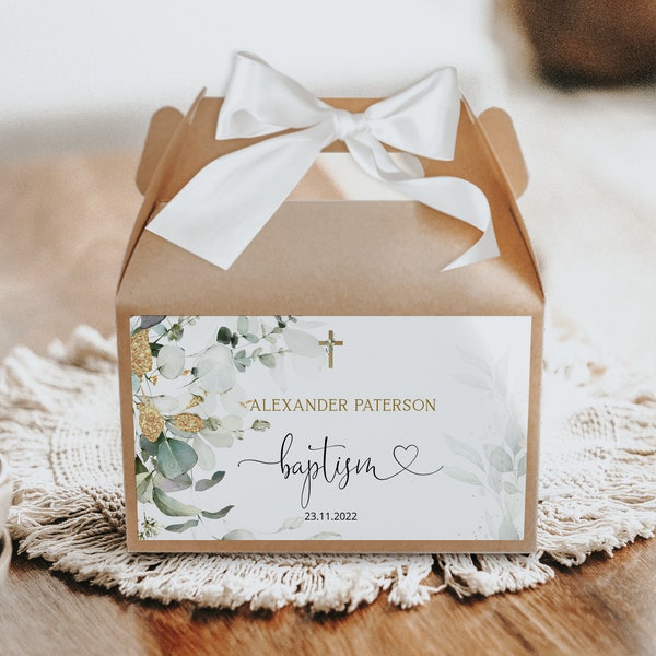Green gold baptism gable box label template, christenin favor gifts label, greenery gift box label first communion party favor box label P52