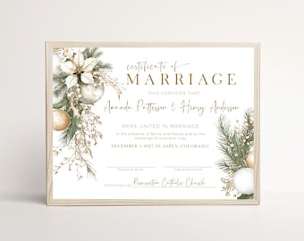 Editable Winter Wedding Certificate of Marriage Template, Christmas Elegant Gold Poinsettia Wedding Keepsake, Instant Download, P296