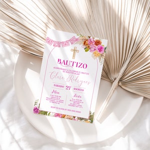 Pink floral spanish baptism invitation, invitaciones de bautizo digitales, mi bautizo, girl baptism invite, editable religious invite, P242
