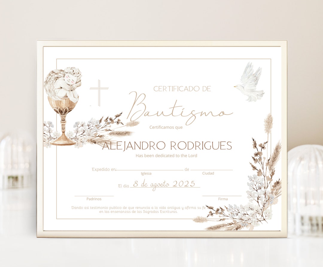 Boho spanish baptism certificate template printable certificate of