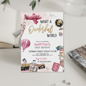 Onderful world first birthday invitation template, girls 1st birthday invite, travel adventure invite, editable 1st birthday invite P163