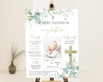 Eucalyptus baptism milestone template, boy baptism chalkboard sign, first communion chalkboard, christening milestone poster with photo B021