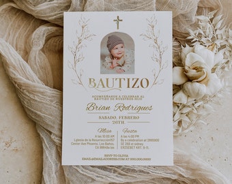 Photo invitaciones de bautizo digitales, spanish baptism invitation, printable mi bautizo invitation, bautizo editable religious invite P217