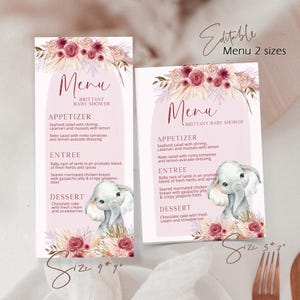 Pink boho elephant menu card template, boho safari menu card, printable girl baby shower menu, boho dinner menu pink pampas grass decor P271