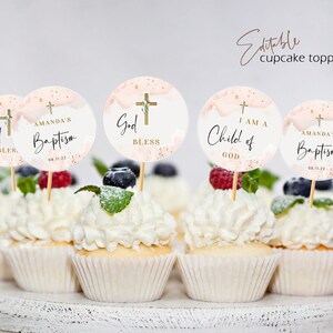 Pink Gold Baptism Cupcake Toppers, Girl Christening Cupcake Toppers ...