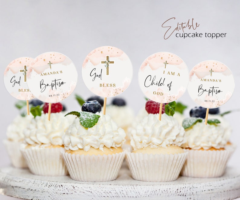 Pink Gold Baptism Cupcake Toppers Girl Christening Cupcake Etsy
