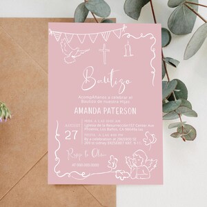 Girl baptism invitation in spanish, invitaciones de bautizo, pink bautizo invite, whimsical, hand drawn, editable religious invite P299