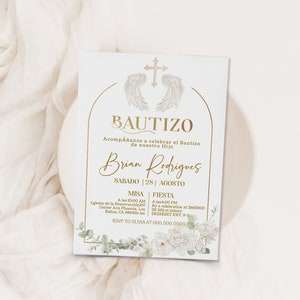 Angel invitaciones de bautizo digital, mi bautizo invitation, spanish baptism invitation, gold cross bautizo editable religious invite P200