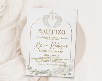 Angel invitaciones de bautizo digital, mi bautizo invitation, spanish baptism invitation, gold cross bautizo editable religious invite P200