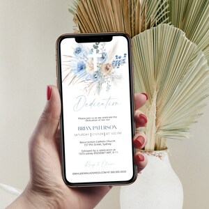 Blue boho electronic baby dedication invitation template, smart phone baby blue dedication, boho christening evite, baptism email invite P65