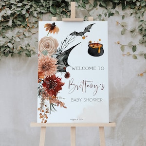 A baby is brewing halloween baby shower welcome sign template, bat gender neutral halloween welcome, witch baby shower welcome sign P149