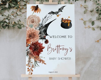 A baby is brewing halloween baby shower welcome sign template, bat gender neutral halloween welcome, witch baby shower welcome sign P149