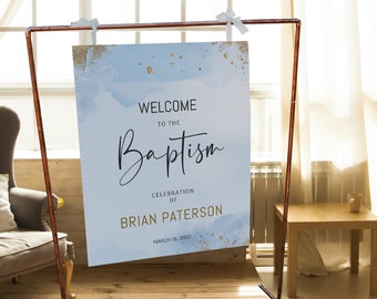 Blue gold baptism welcome sign template, printable light blue watercolor welcome sign, religious welcome sign, blue christening sign B2b