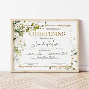 Greenery floral baptism certificate template, christening certificate, green gold baptism certificate, editable church form certificate, P14