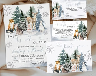 Winter baby shower invitation bundle, baby its cold outside baby shower Invitation set template, animals its cold outside invitation set P87