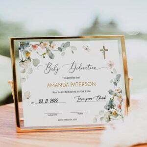 Greenery dedication certificate template, printable christening certificate, editable baptism certificate, floral religious certificate B011