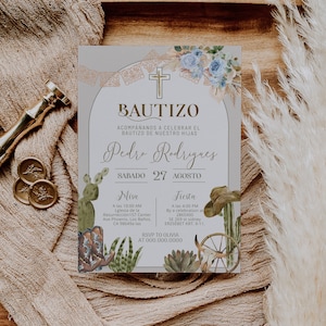 Blue boho spanish baptism invitation template, invitaciones de bautizo, cowboy invite, mi bautizo invite, editable christening invite, P231