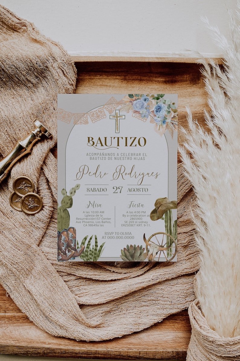 May include: A light blue and brown invitation with a cross, cacti, and cowboy boots. The text reads "Bautizo" and "Pedro Rodrigues". The date is "Sabado 27 Agosto".
