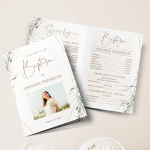 May include: A white and gold baptism program with a floral design and a photo of a young woman. The program includes the name Amanda Paterson and the date March 18, 2022. The program also includes a list of songs and readings for the ceremony.