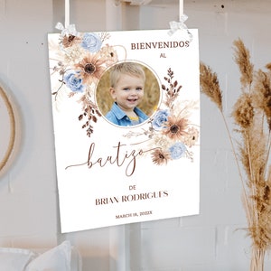 Blue beige Spanish baptism welcome sign template, bienvenidos al bautizo, printable christening poster, religious photo welcome sign, P156