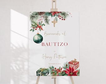 Spanish Christmas Baptism Welcome Sign, Bienvenidos al Bautizo Template, Holiday Christening Poster, Printable Poinsettia Board P273