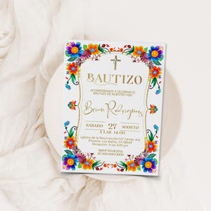 Invitaciones de bautizo, mexican fiesta, editable baptism invitation, spanish baptism invitation, colorful floral, religious invite, P256