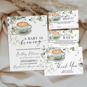 Baby is brewing baby shower invitation set template, gender neutral, greenery coffee theme baby shower, diaper raffle books for baby, P289