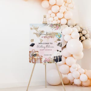 Adventure awaits baby shower welcome sign template, girl baby shower welcome sign, pink travel themed decoration, world map poster, P291