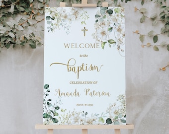 Greenery Baptism Welcome Sign, Green Gold Baptism Poster, Editable Christening Sign, Printable Religious Sign Template, P329