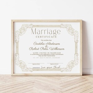 Elegant gold wedding certificate template, editable marriage certificate keepsake, modern certificate of marriage, commitment certificate,