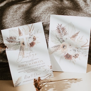 Spanish baptism invitation, invitaciones de bautizo digitales, mi bautizo invitation, pampas grasses bautizo, editable religious invite P66