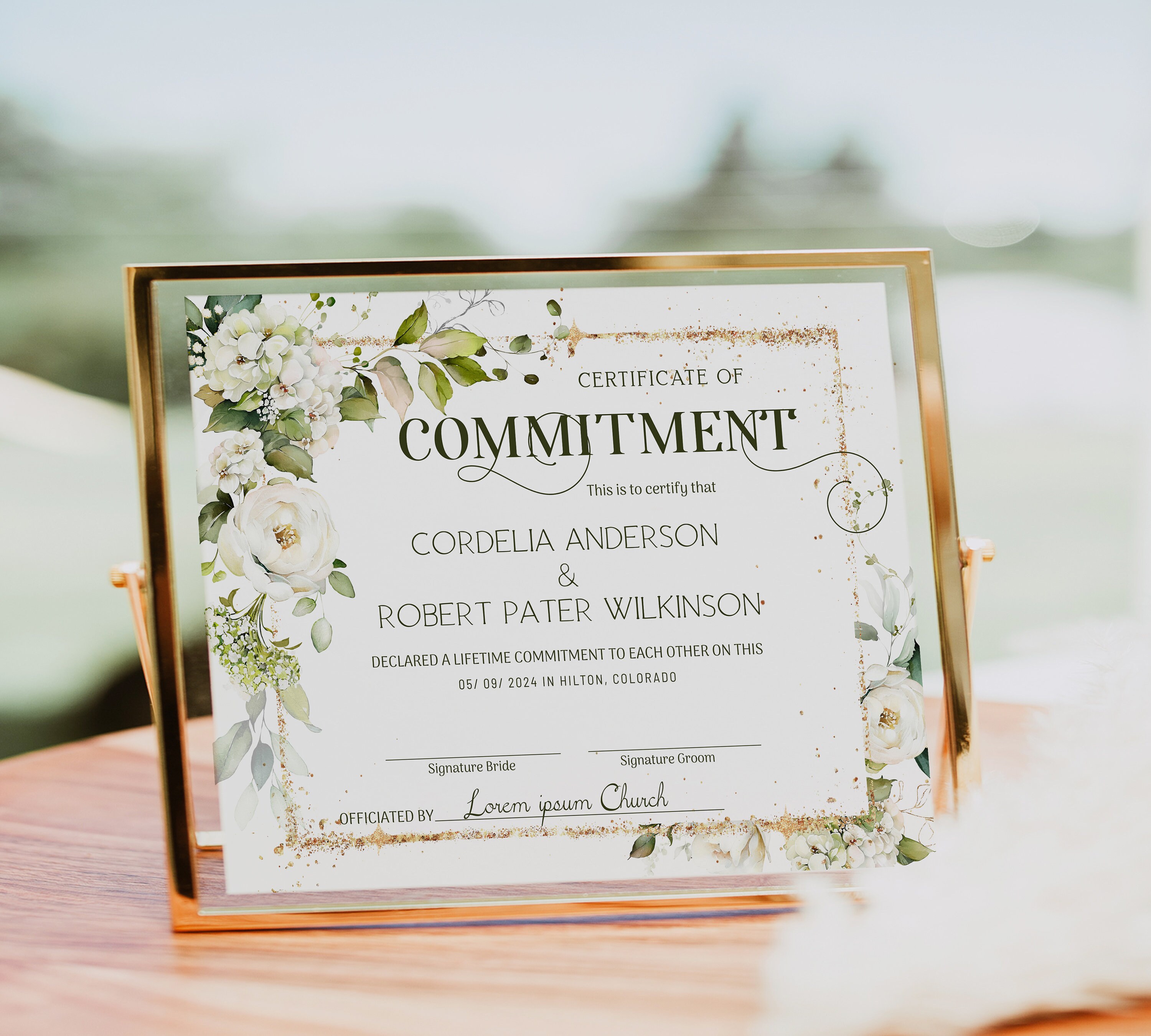 White flowers certificate of commitment template, marriage certificate, green elegant commitment ceremony  floral wedding keepsake P14