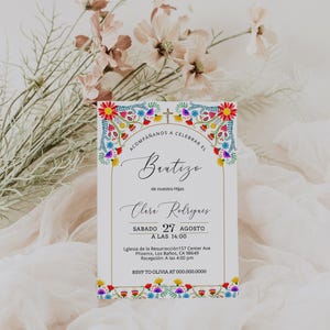 Spanish baptism invitation template, Invitaciones de bautizo, editable christening invite, fiesta party, mexican flowers baptism invite P258