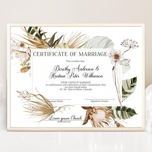 Boho certificate of marriage template, editable marriage keepsake, printable floral marriage certificate, wedding gifts certificate, P290